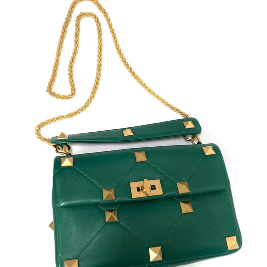 Valentino Green Leather Bag Top Handle Gold Chain